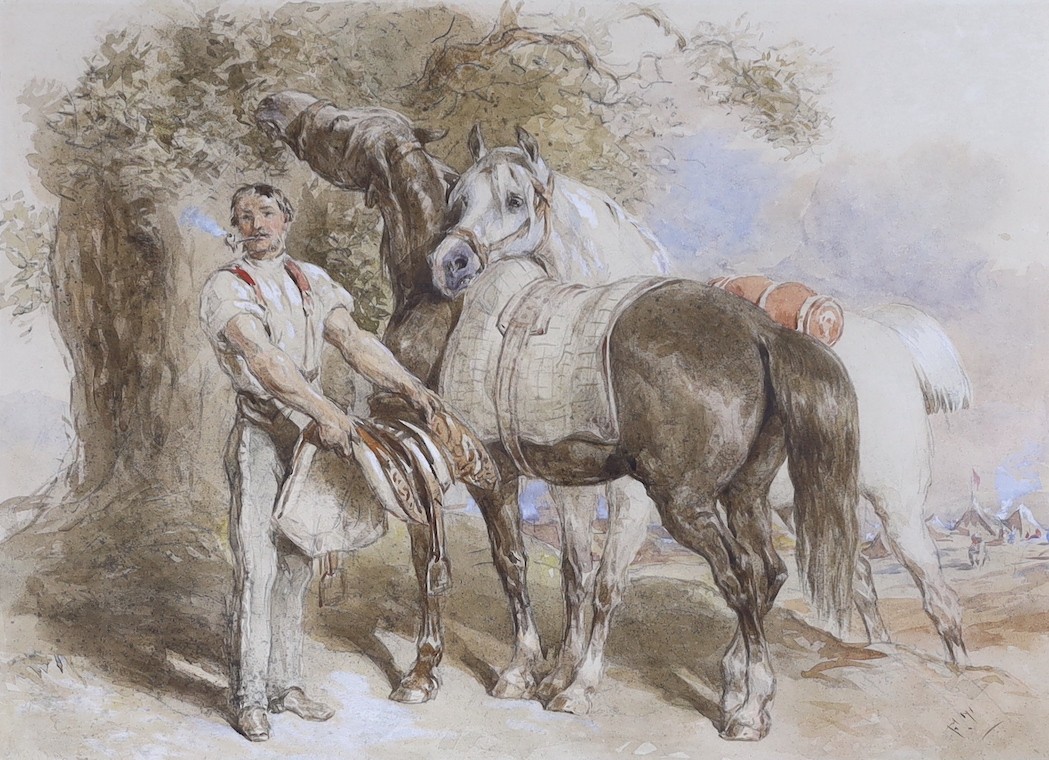 John Frederick Taylor PRWS (1802-1889), watercolour, 'Saddling Up', initialled, with Agnews label verso, 27 x 37cm